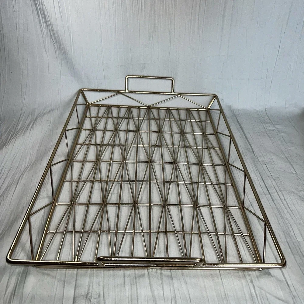 Brass Gold Tone Tabletop Diamond Pattern Tray Handles 19 X 13